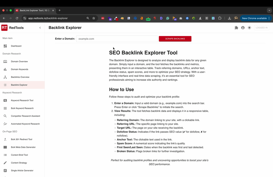 RedTools backlink explorer tool.