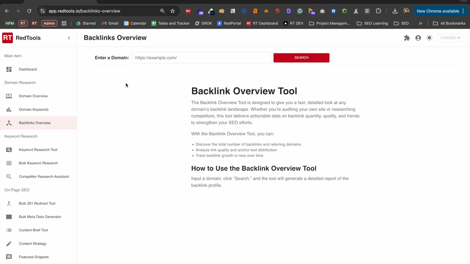RedTools backlink overview tool.