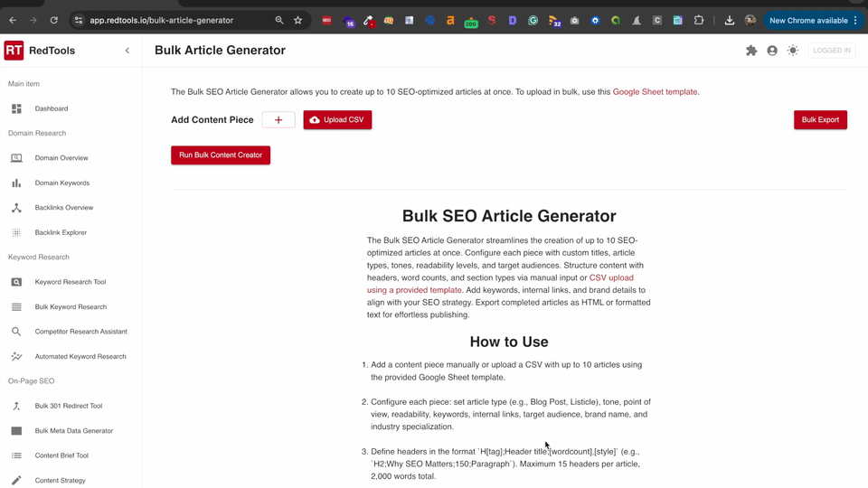 RedTools Bulk SEO Content Generator Tool.