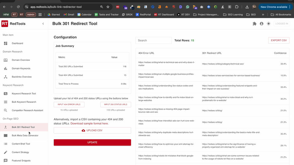 RedTools bulk meta title & description generator tool.