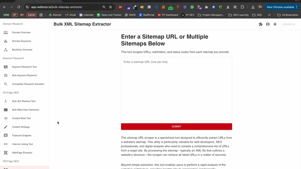 RedTools bulk sitemap extractor tool.