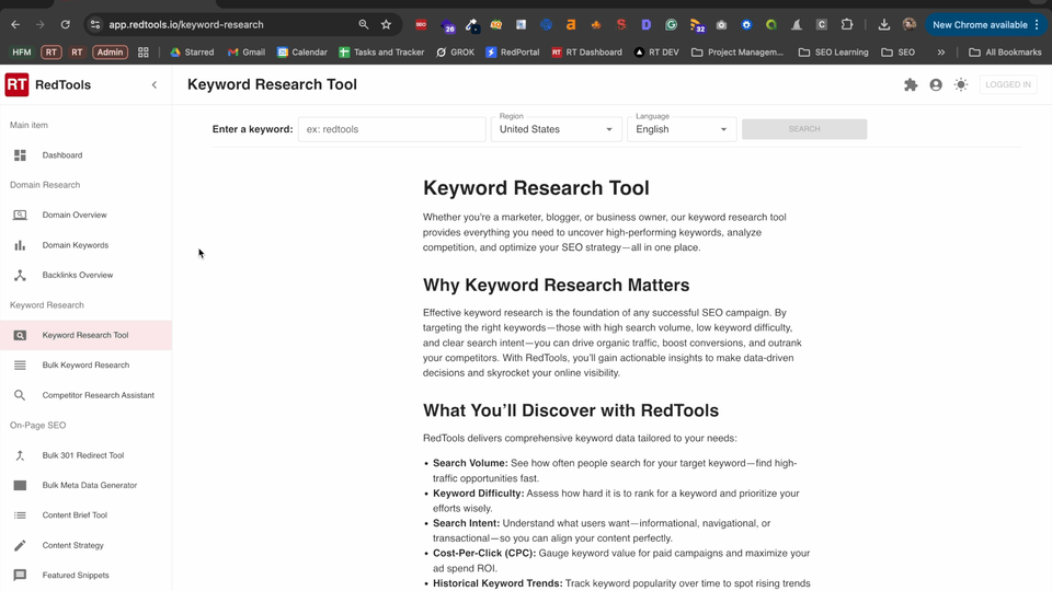 RedTools keyword research tool.