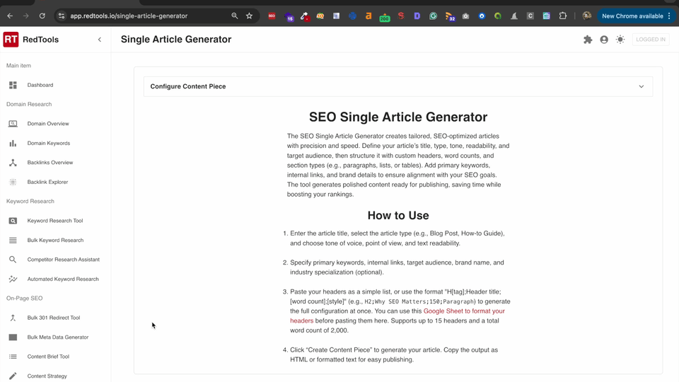 RedTools Bulk SEO Content Generator tool.